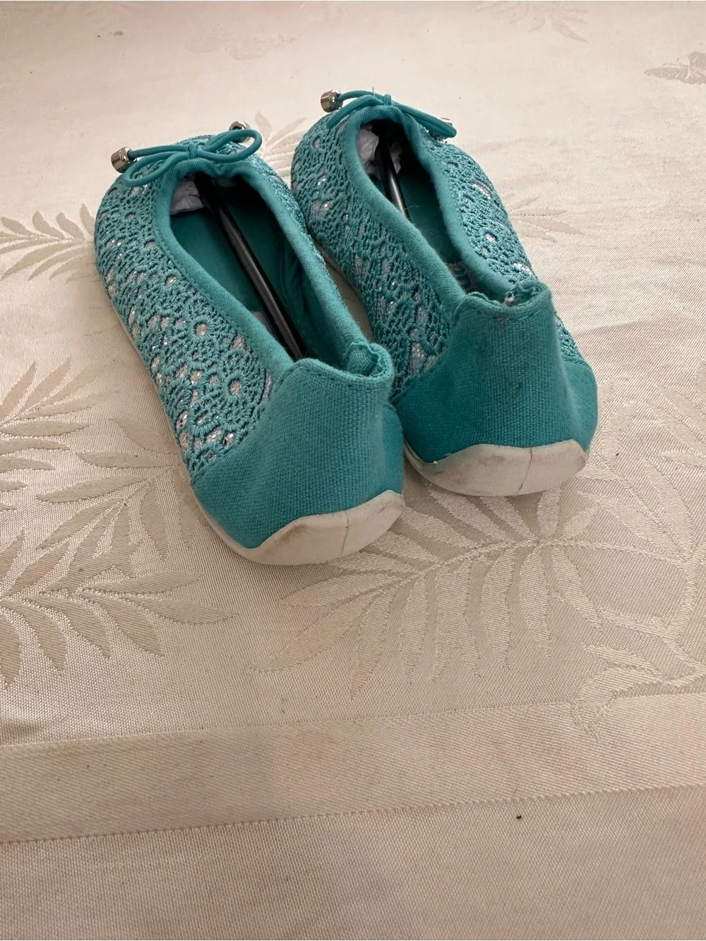 Kids Teal Lace Moccasins with Bow Accent